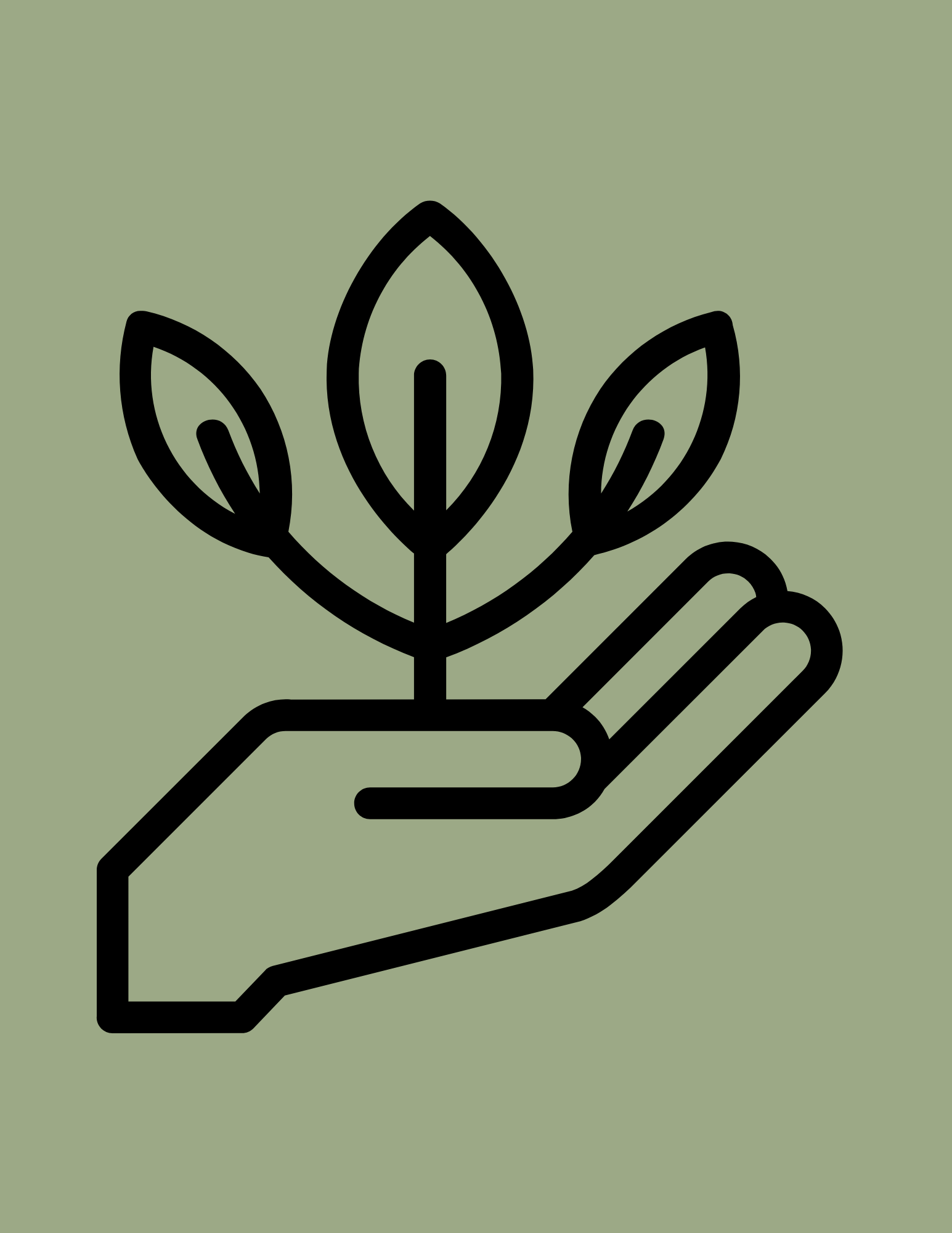 Outline drawing of a hand holding a small sprouting plant with three leaves against a light green background.