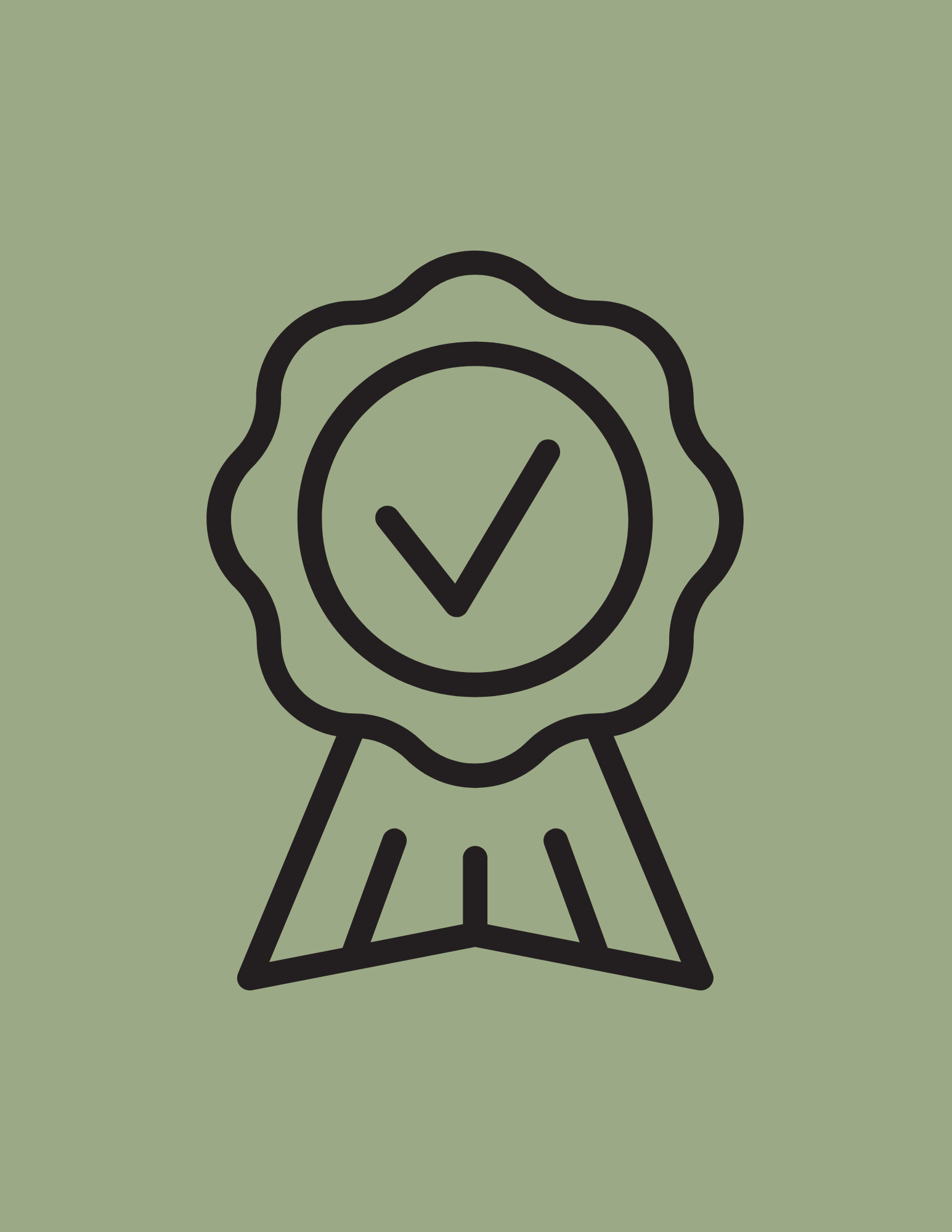 Line drawing of a medal with a check mark in the center, mounted on a tripod stand, on a light green background.