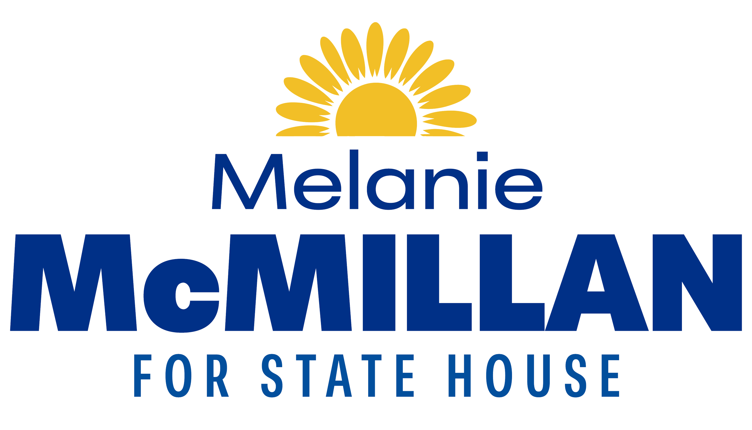 Logo for Melanie McMillan for State House with a yellow sun and black rays above the name Melanie in blue, and McMillan in large blue letters. The slogan 'FOR STATE HOUSE' is below in smaller blue text.