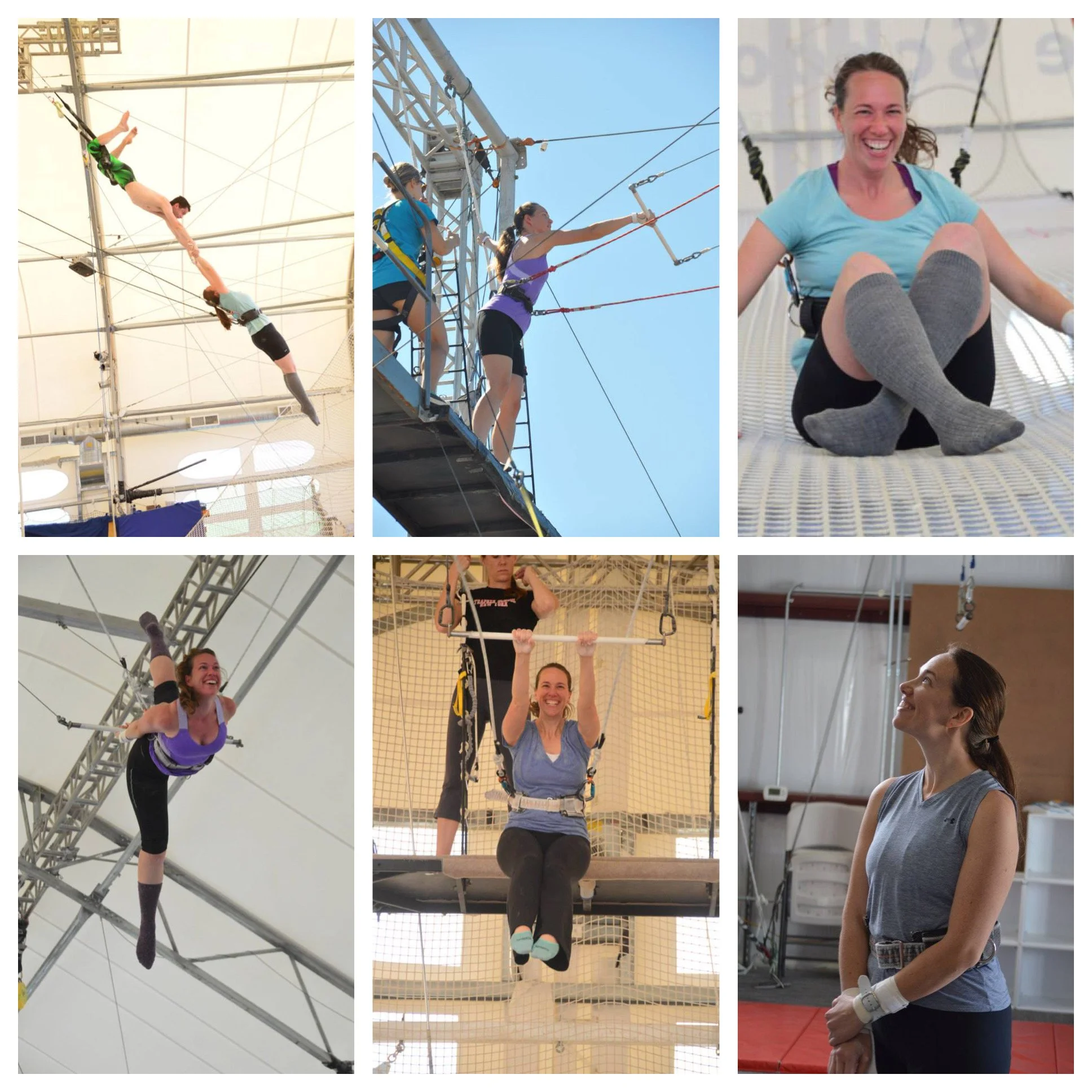 Collage of women participating in a trapeze and aerial silks training class, practicing on a metal frame, a platform with safety harnesses, and a woman checking her equipment in an indoor gym.