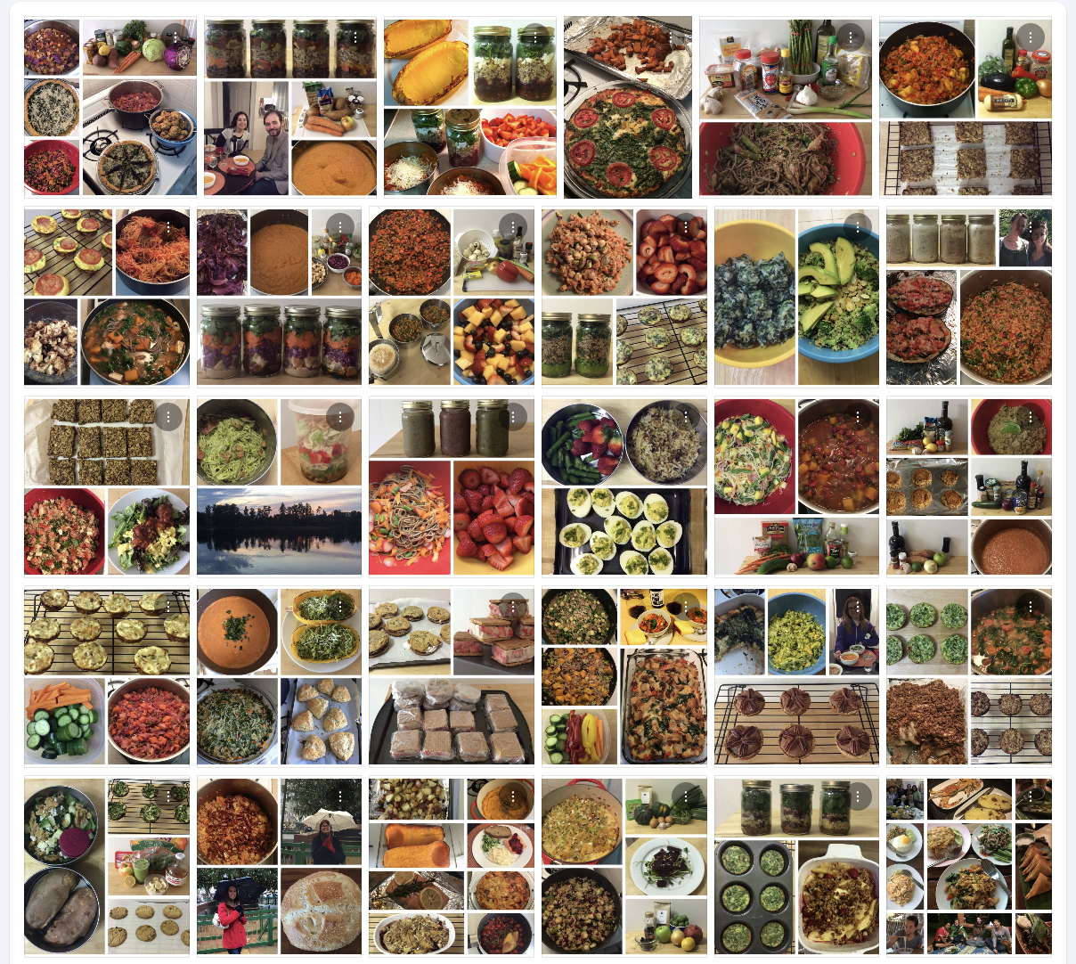 A collage of various homemade and recently prepared dishes, desserts, beverages, and food ingredients, including salads, soups, baked goods, and smoothies.