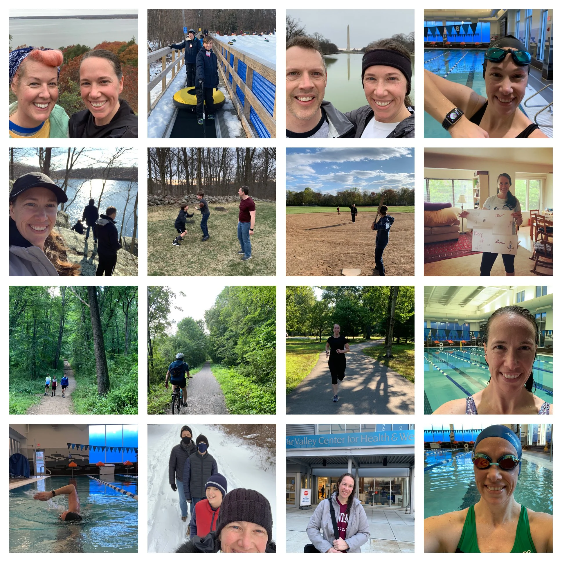 A collage of various outdoor and indoor activities, including people smiling, walking, biking, swimming, playing baseball, and visiting a healthcare center, with natural scenery and facilities in the background.