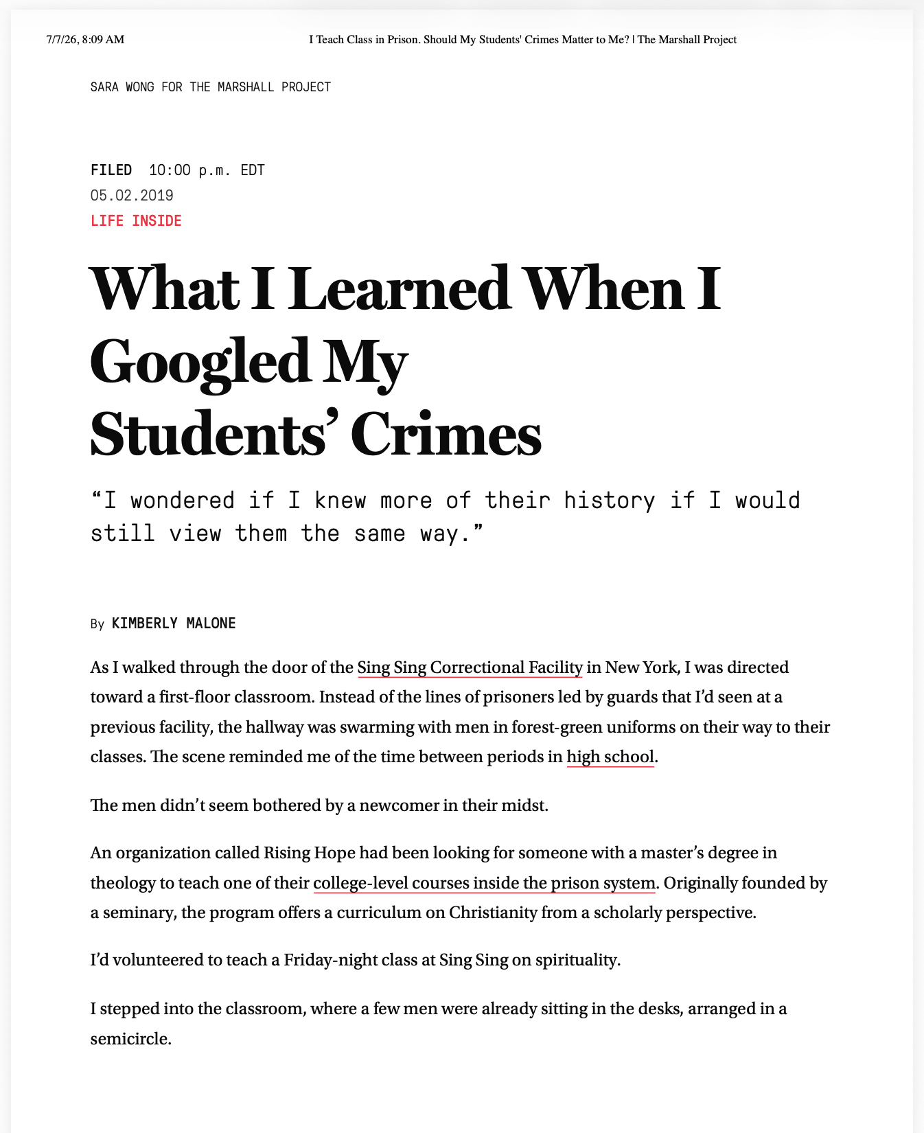 Screenshot of a typed document titled "What I Learned When I Googled My Students' Crimes" by Kimberly Malone. The document discusses a classroom experience at Sing Sing Correctional Facility and a program on Christianity inside the prison system.