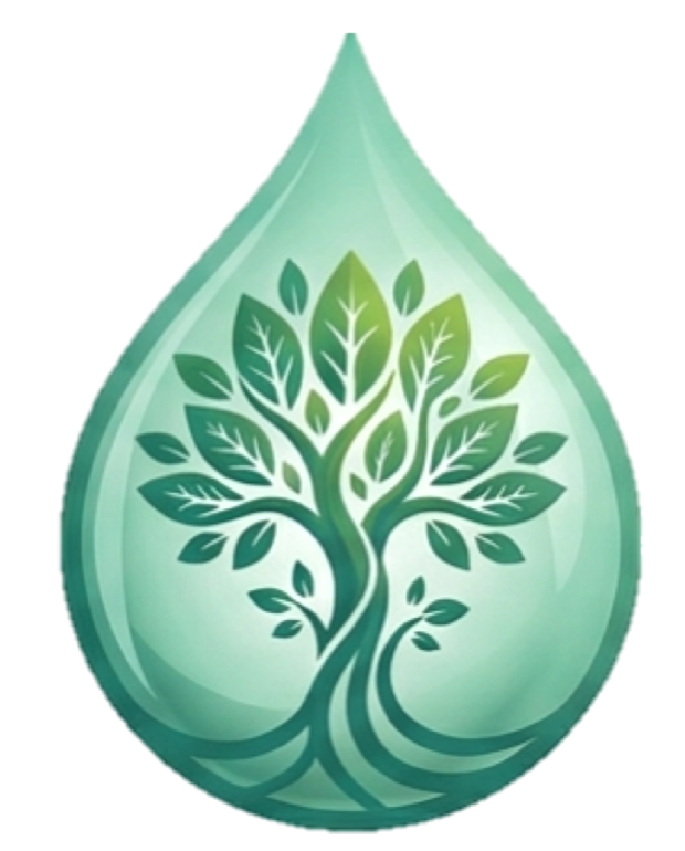 A green droplet shape with a stylized tree and leaves inside.
