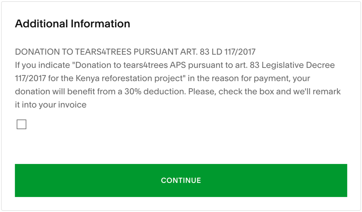 A donation form for TEARS4TREES with instructions for tax deduction and a checkbox to mark for invoice remark. Green 'CONTINUE' button at the bottom.