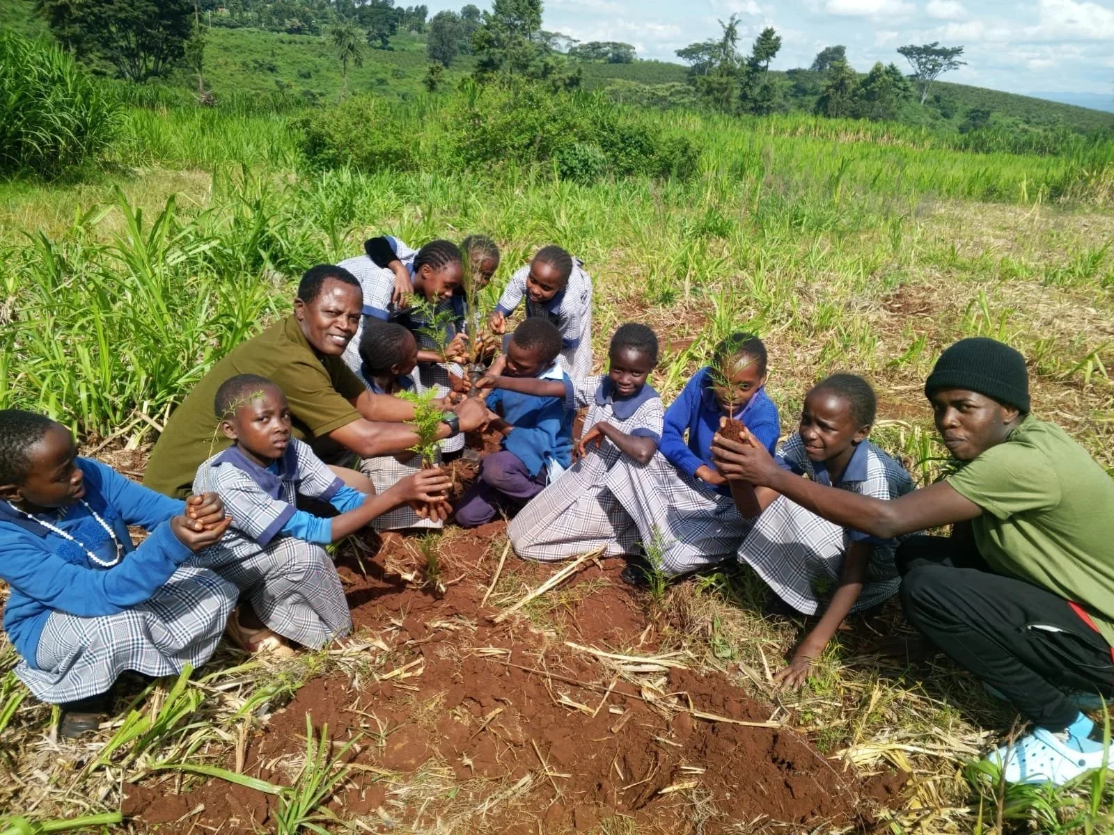 Group of children and two adults planting small trees in a field surrounded by green hills.