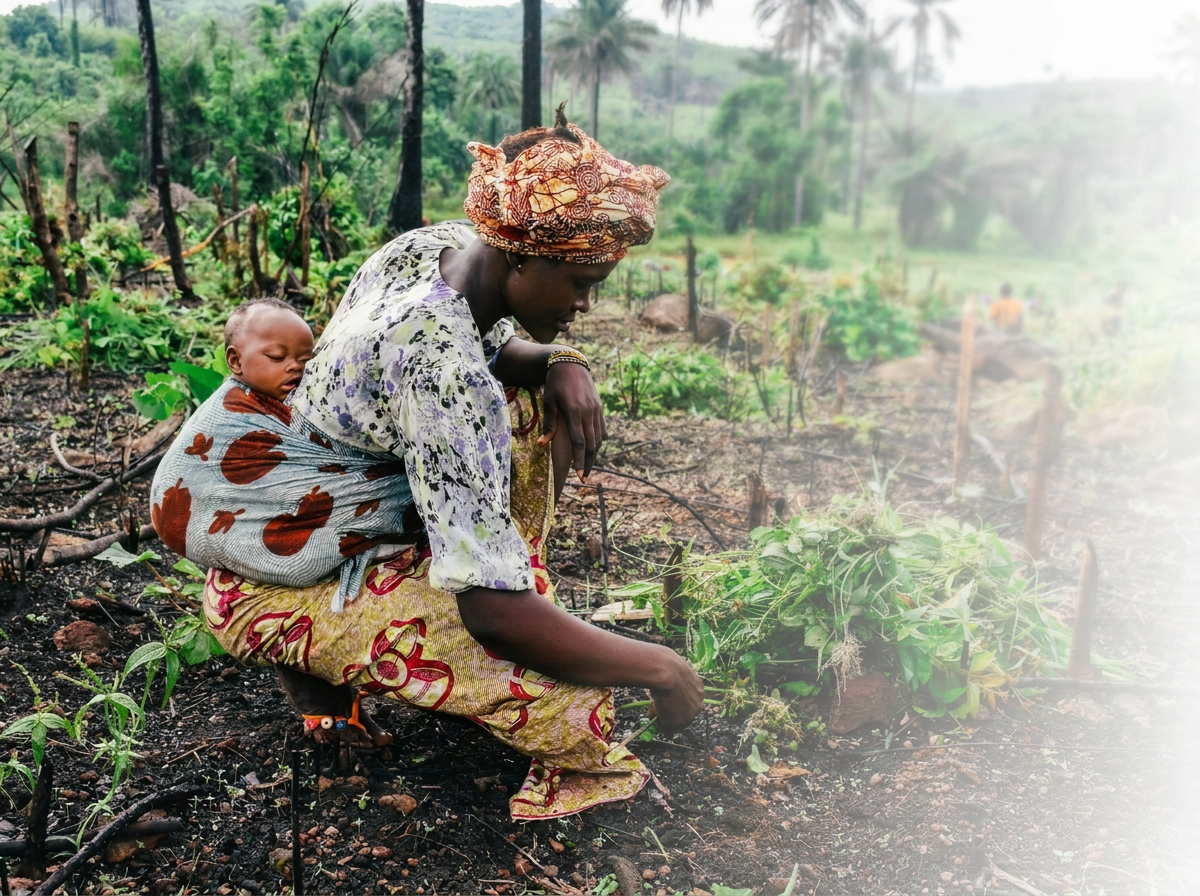 A woman tending to a garden in a rural area with a baby carried on her back, surrounded by green plants and trees.