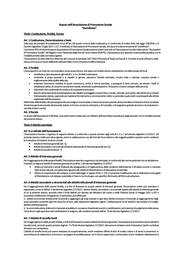 Screenshot of an Italian legal document titled 'Statuto dell'Associazione di Promozione Sociale "tears4trees"' outlining the association's goals, activities, duration, and provisions for governance.