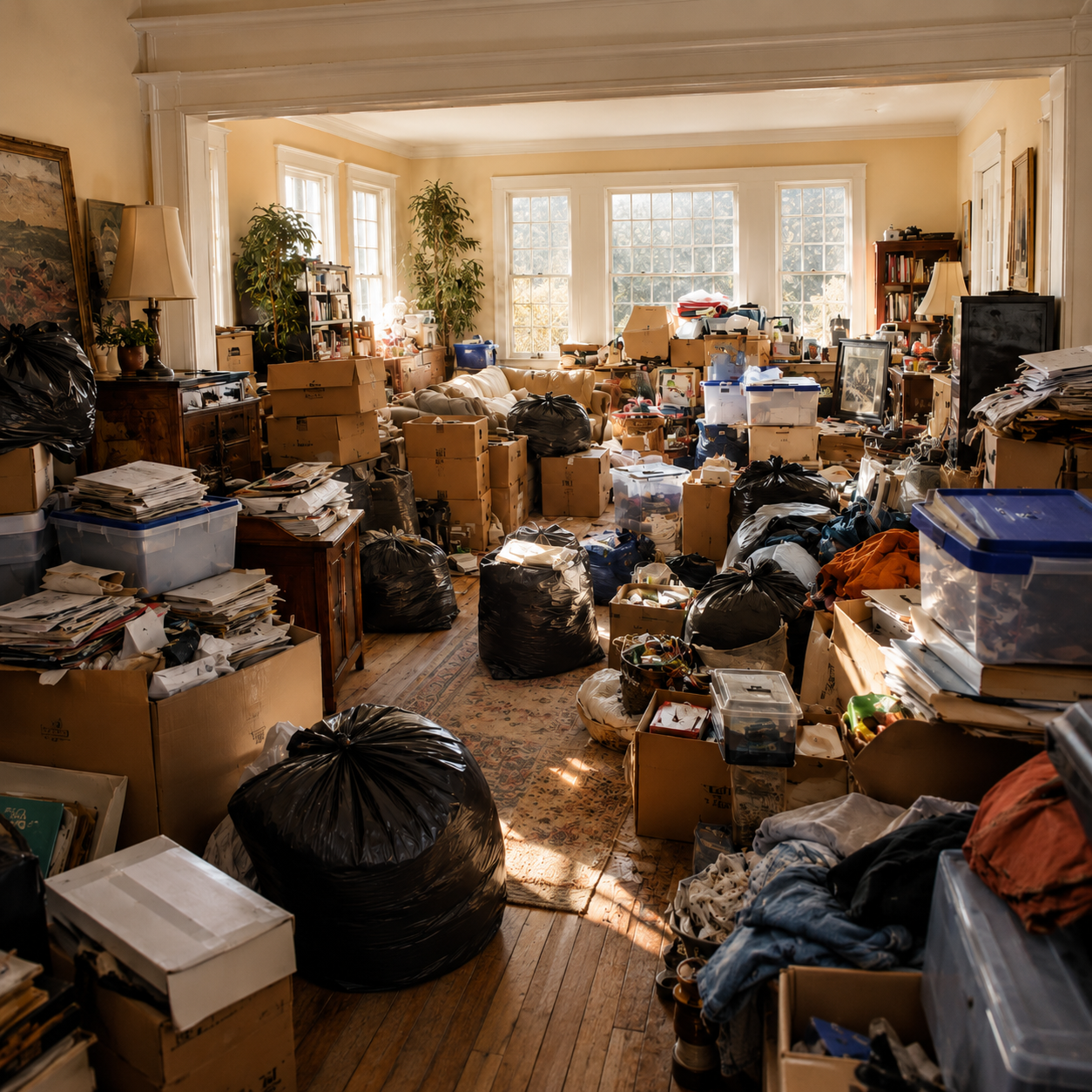 A cluttered living room filled with numerous boxes, bags, papers, and miscellaneous items. The room has light-colored walls, large windows letting in sunlight, and wooden floors. Furniture includes a sofa, side tables, and shelves, all partially obscured by the clutter.