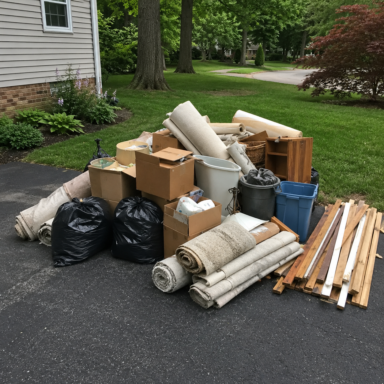 A pile of household items and debris on a driveway, including rolled-up carpets, cardboard boxes, black trash bags, plastic bins, and miscellaneous furniture parts, with a green lawn and trees in the background.