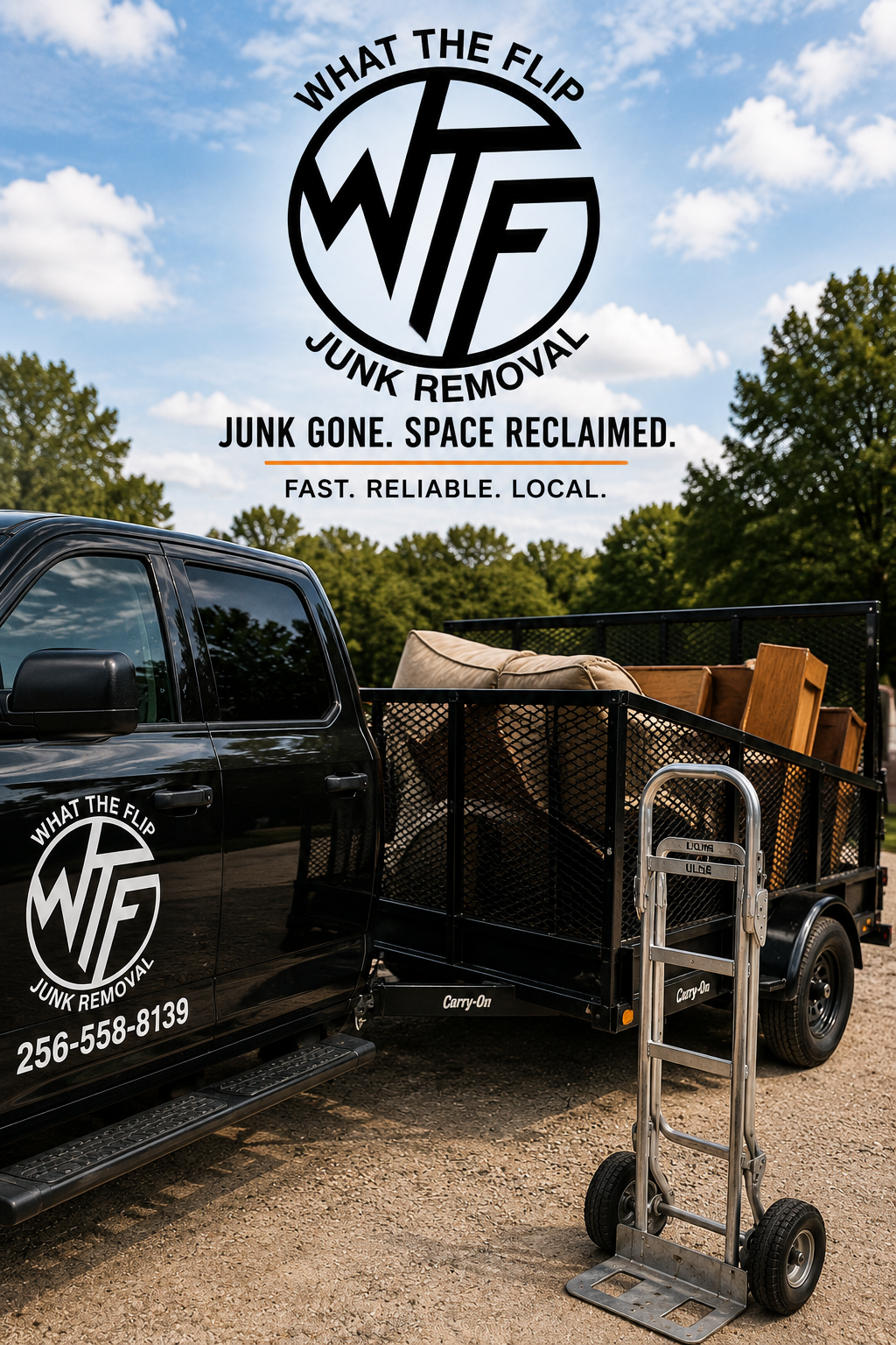 A black junk removal truck with the logo 'What The Flip Junk Removal' and phone number, parked outdoors on a dirt area with a trailer attached loaded with furniture and household items. There is a hand truck (dolly) in front of the trailer against a background of trees and a blue sky with clouds.