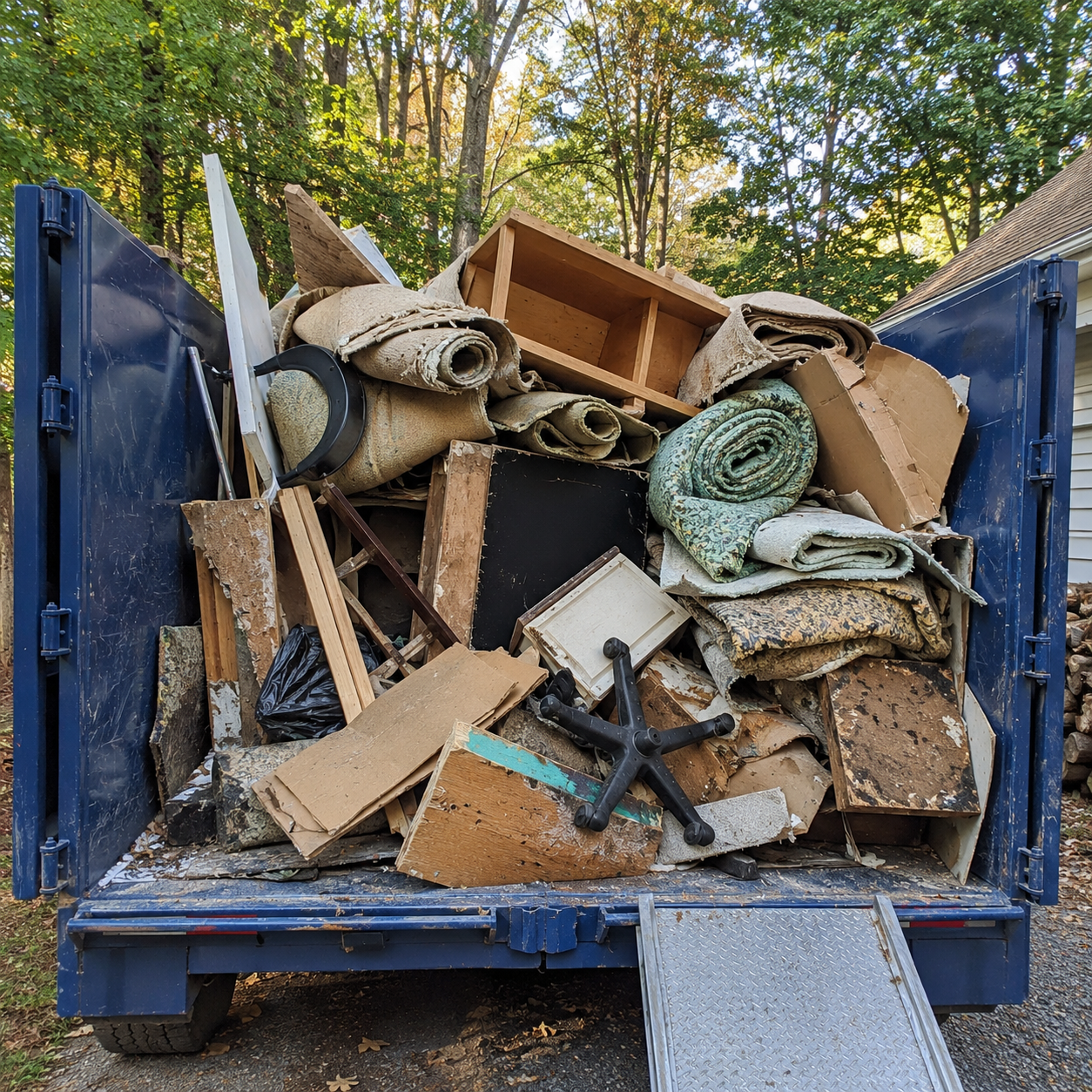 A full blue dumpster filled with old carpets, wood, cardboard, and miscellaneous trash, with forest trees visible in the background.