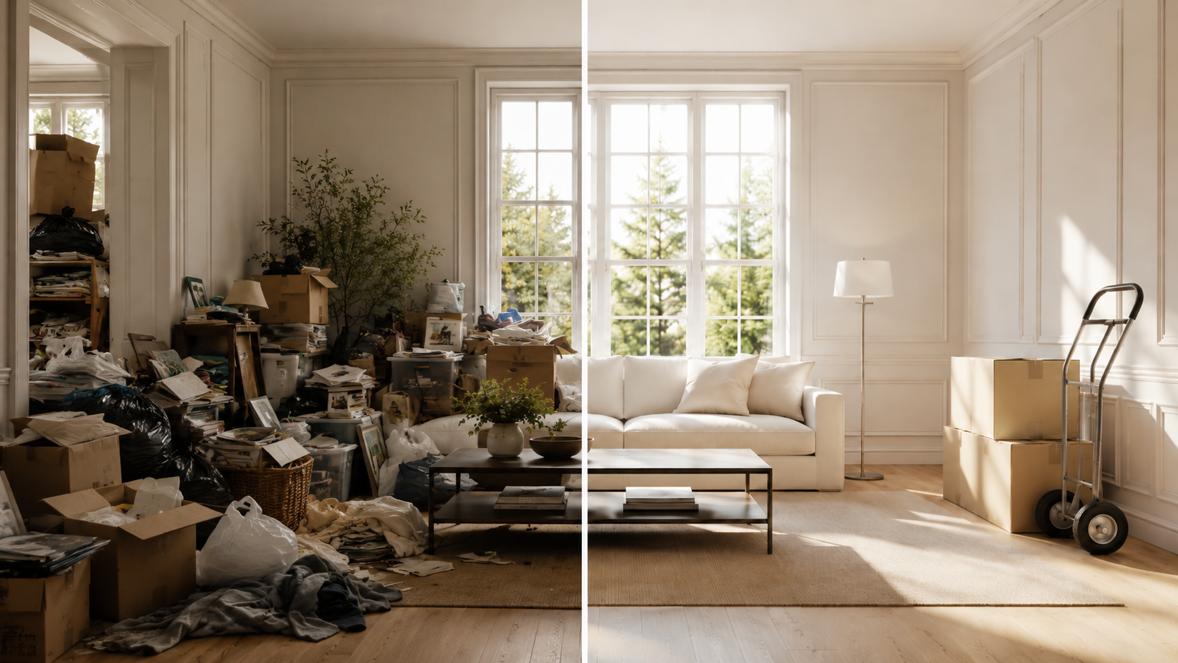 Comparison of a cluttered, messy living room on the left and a clean, organized living room on the right.