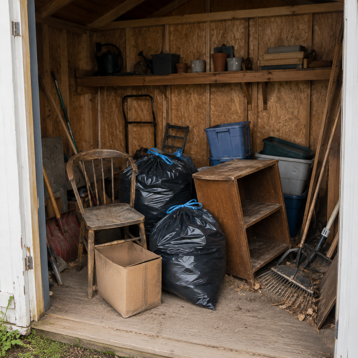 A cluttered shed with gardening tools, storage bins, bags of yard waste, a wooden chair, a small bookshelf, and various small pots and watering cans on shelves.