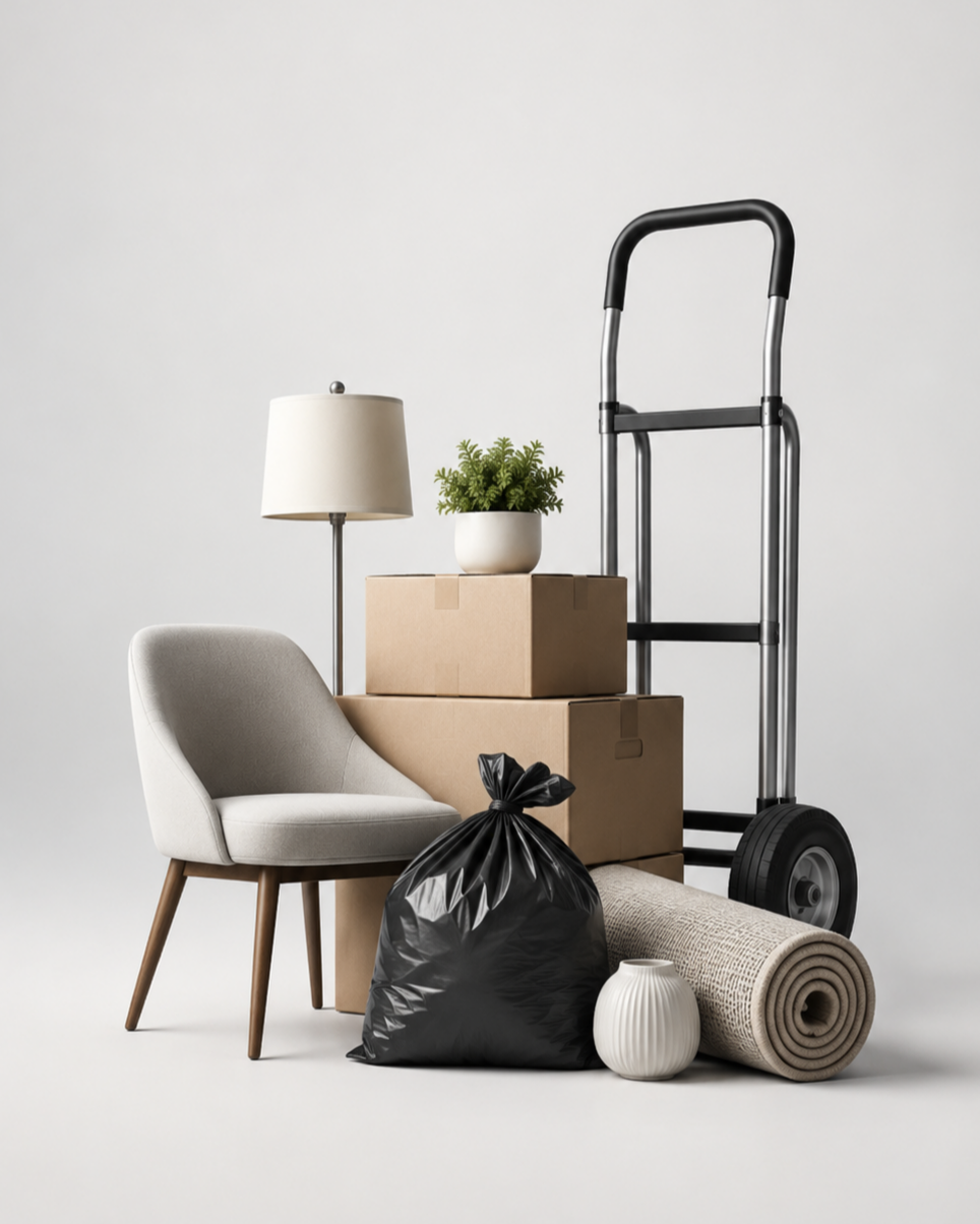 Moving boxes, a lamp, a potted plant, a chair, a trash bag, a small vase, a rolled-up rug, and a hand truck against a plain wall.