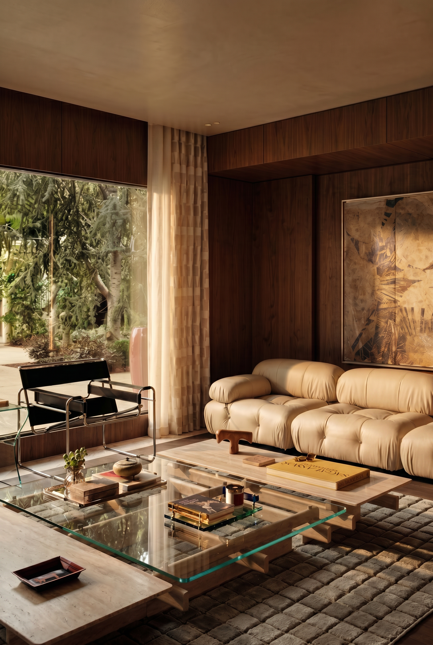 Warm modern living room with a linen sofa, glass table, and wood-paneled walls in golden light — interior design by Jacqueline Row, Atlanta.