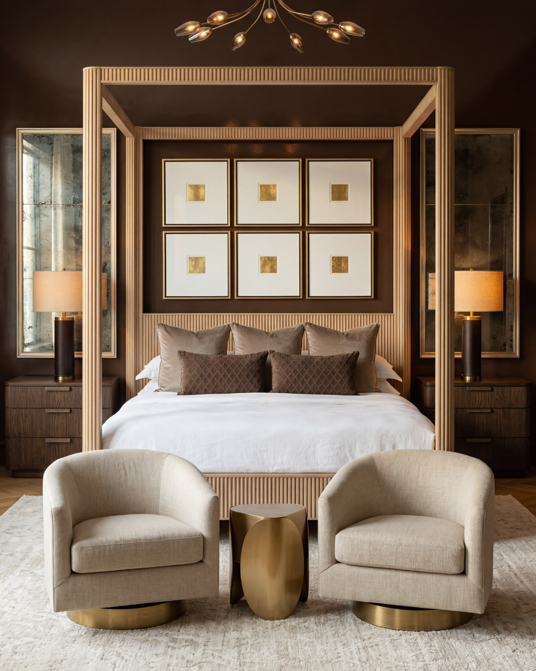 Composed canopy bedroom concept in warm neutrals and cocoa-brown, by Jacqueline Row.