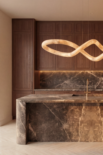 Jacqueline Row kitchen in a private Atlanta residence, with a figured brown marble waterfall island and matching backsplash, a sculptural alabaster ribbon pendant, walnut cabinetry, and herringbone oak floors.