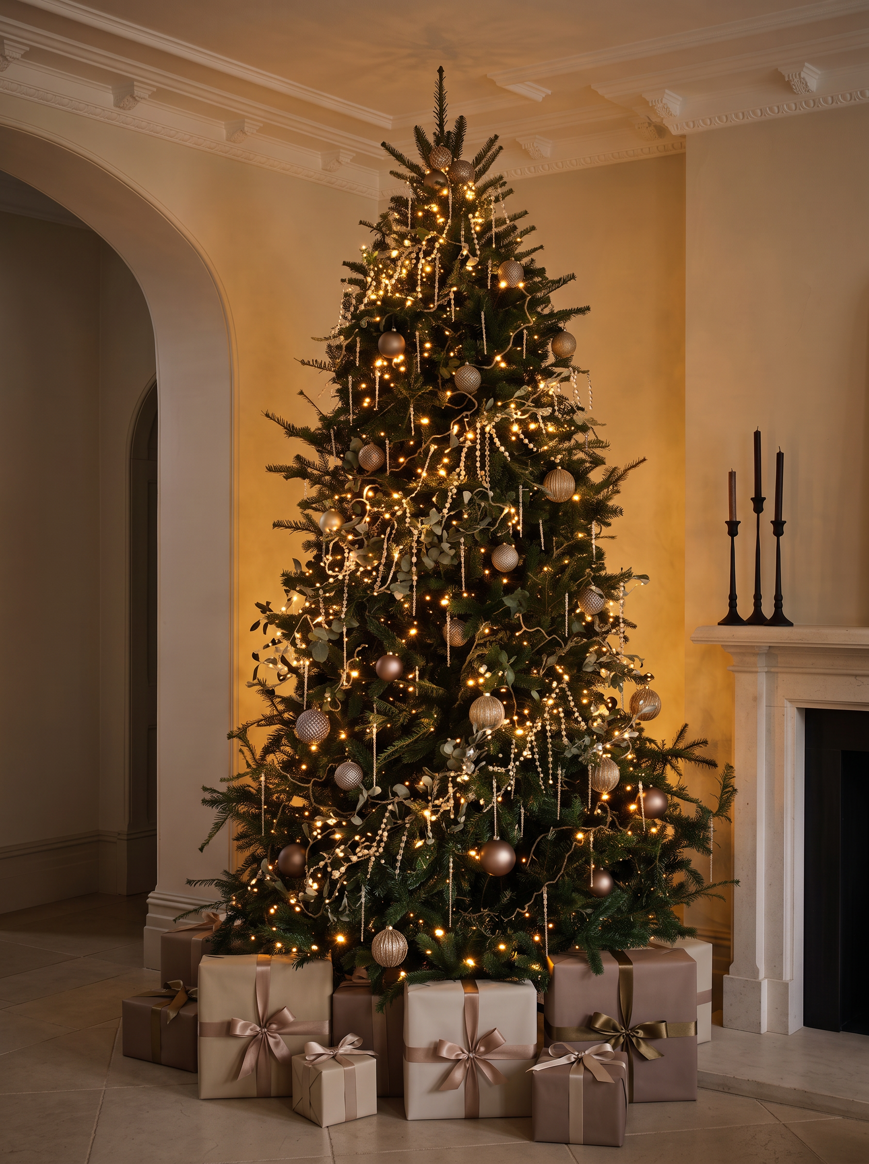 Softly glowing holiday tree with warm lights, crystal strands, and champagne ornaments beside a limestone fireplace in a warm, dim room — warm modern holiday design by Jacqueline Row, Atlanta.