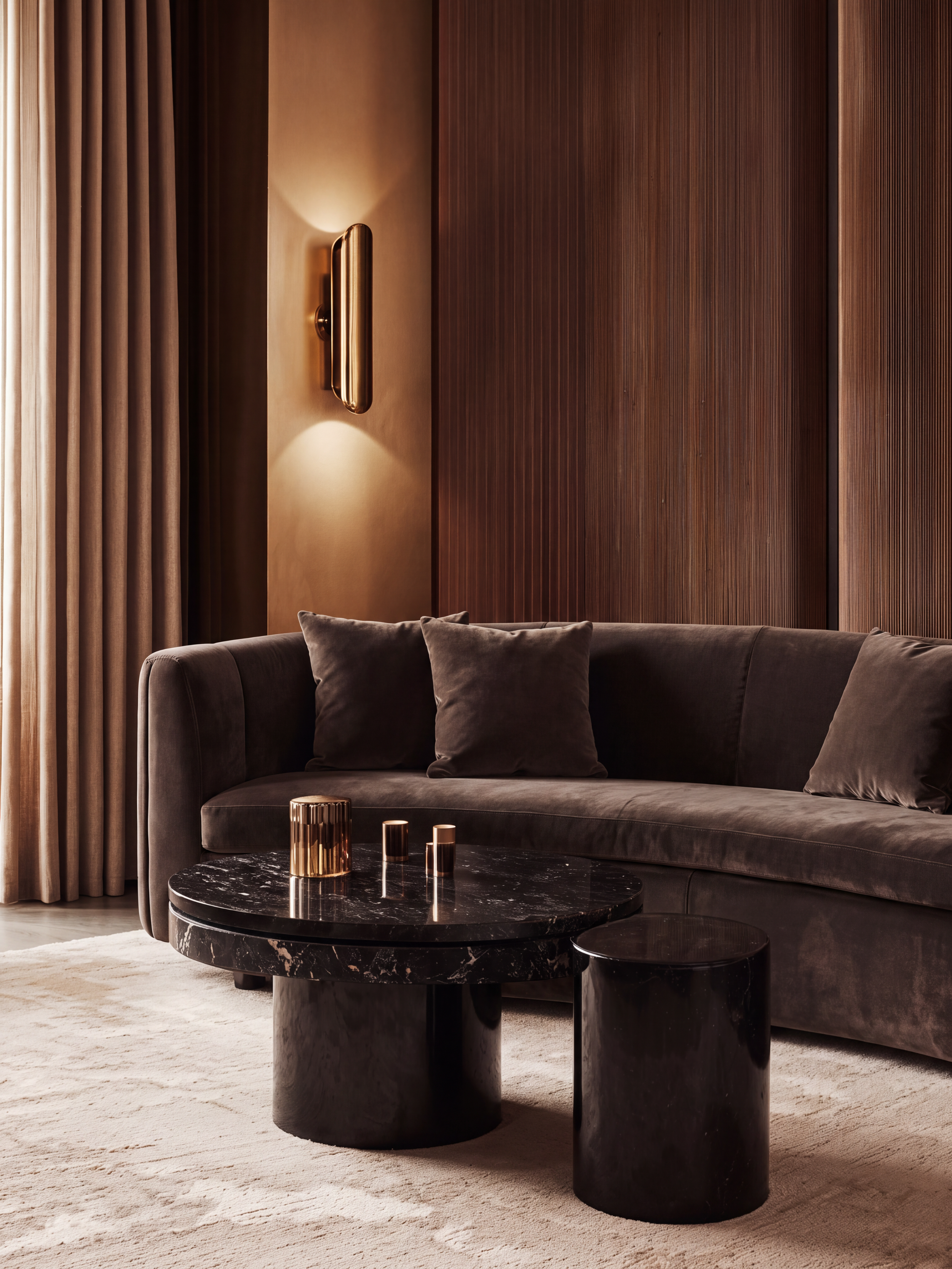 Jacqueline Row living room concept in a private Atlanta residence, with a curved chocolate velvet sofa, black marble nesting tables, a fluted walnut wall, and a polished brass sconce.