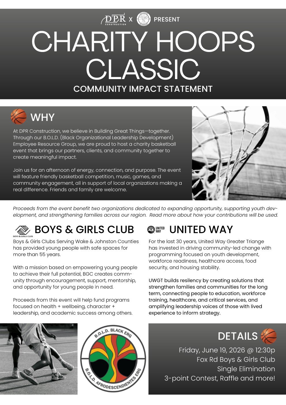 Charity Hoops Classic community impact statement flyer featuring event details and logos for Boys & Girls Club and United Way, with images of a basketball and a net, and a black and white photo of children playing basketball.