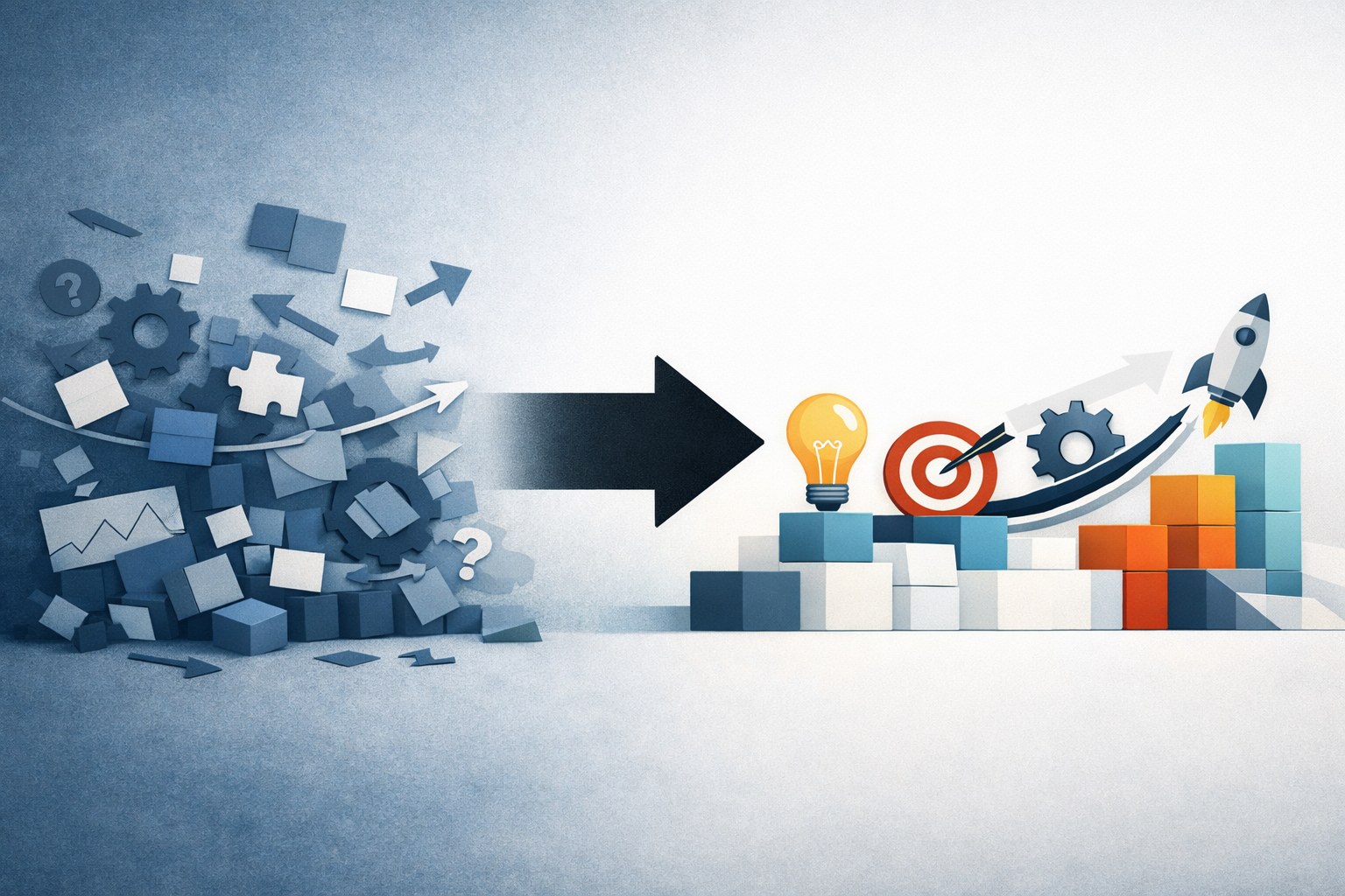 Illustration showing a transition from a chaotic pile of blue and gray puzzle pieces, gears, and arrows to a structured scene with a lightbulb, target with an arrow, upward arrow with gears, and a rocket, symbolizing innovation, goal achievement, and growth.