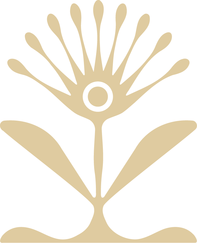 Asah Wellness Logo - A beige stylized illustration of a flower with a ring inside the circular center, and elongated petals, set against a black background.