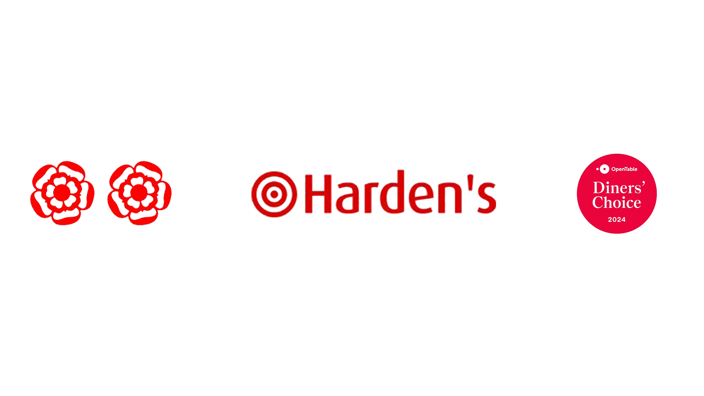 The image features the text 'Harden's' with a target symbol inside the letter 'a.' To the right, there is a pink circular badge with the text 'OpenTable Diners' Choice 2024'. The left side shows two red flower-like symbols.