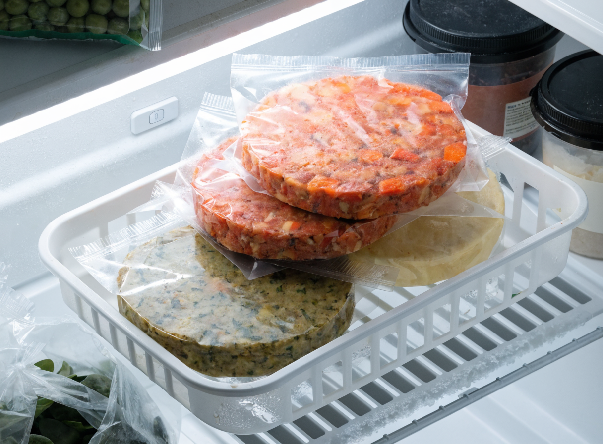 Frozen vegetable and meat patties in clear plastic packaging inside a white plastic container in a refrigerator.
