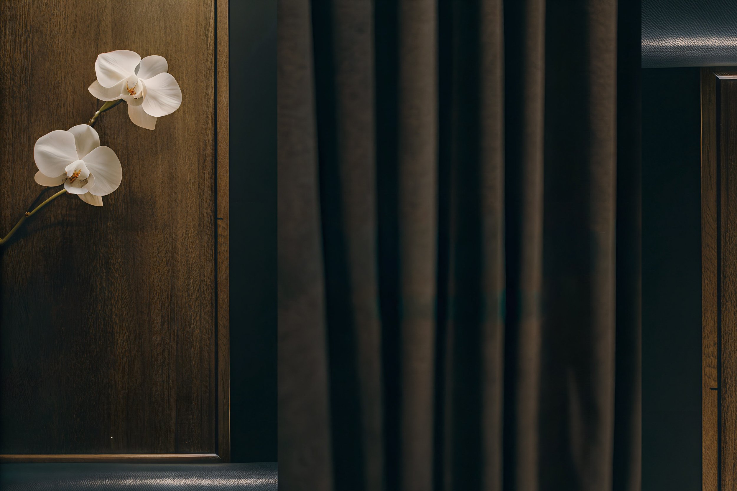 White orchid flowers on a wooden surface with dark textured curtains in the background.