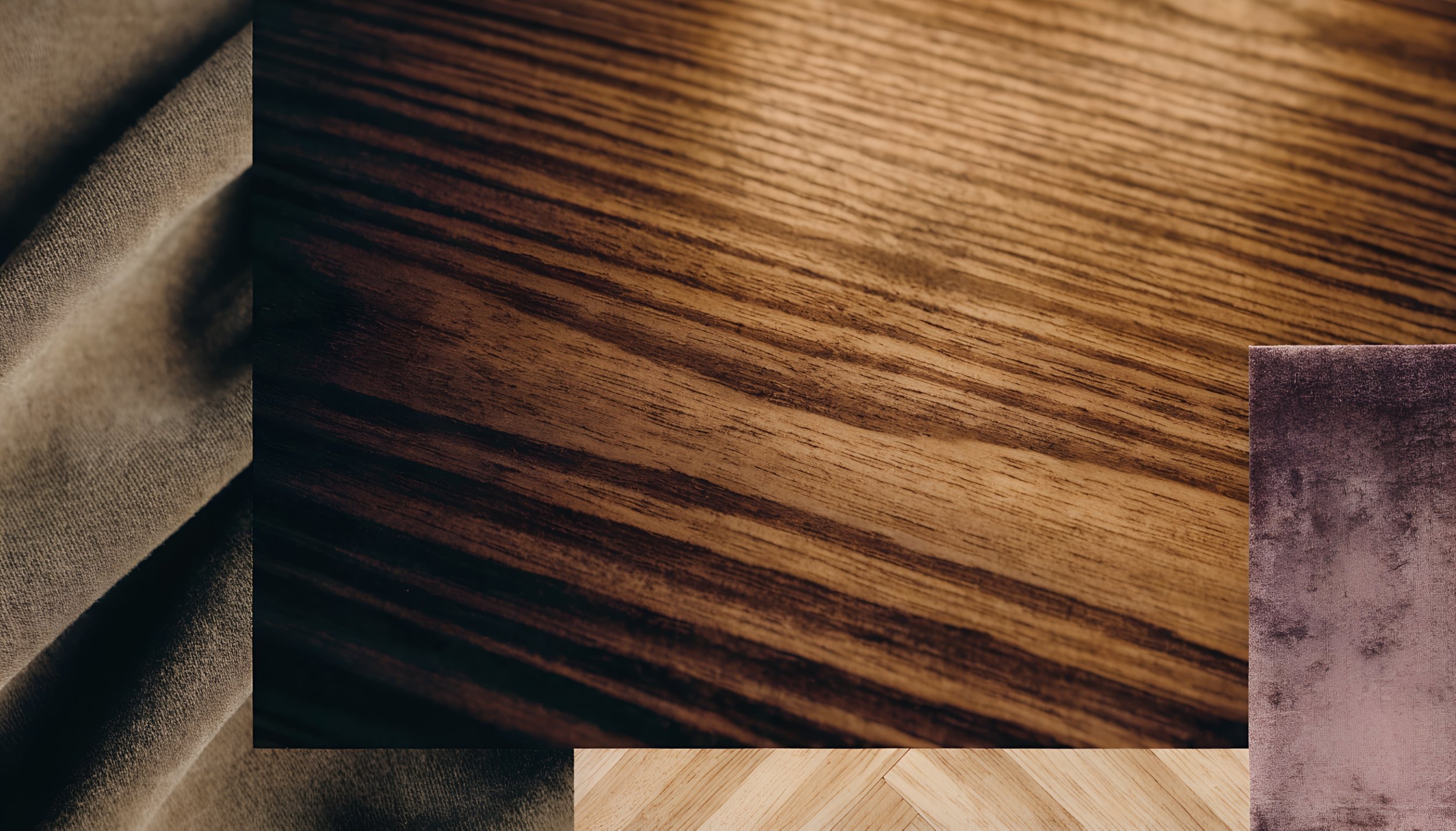 Close-up of different types of wood and fabric textures arranged in a collage.