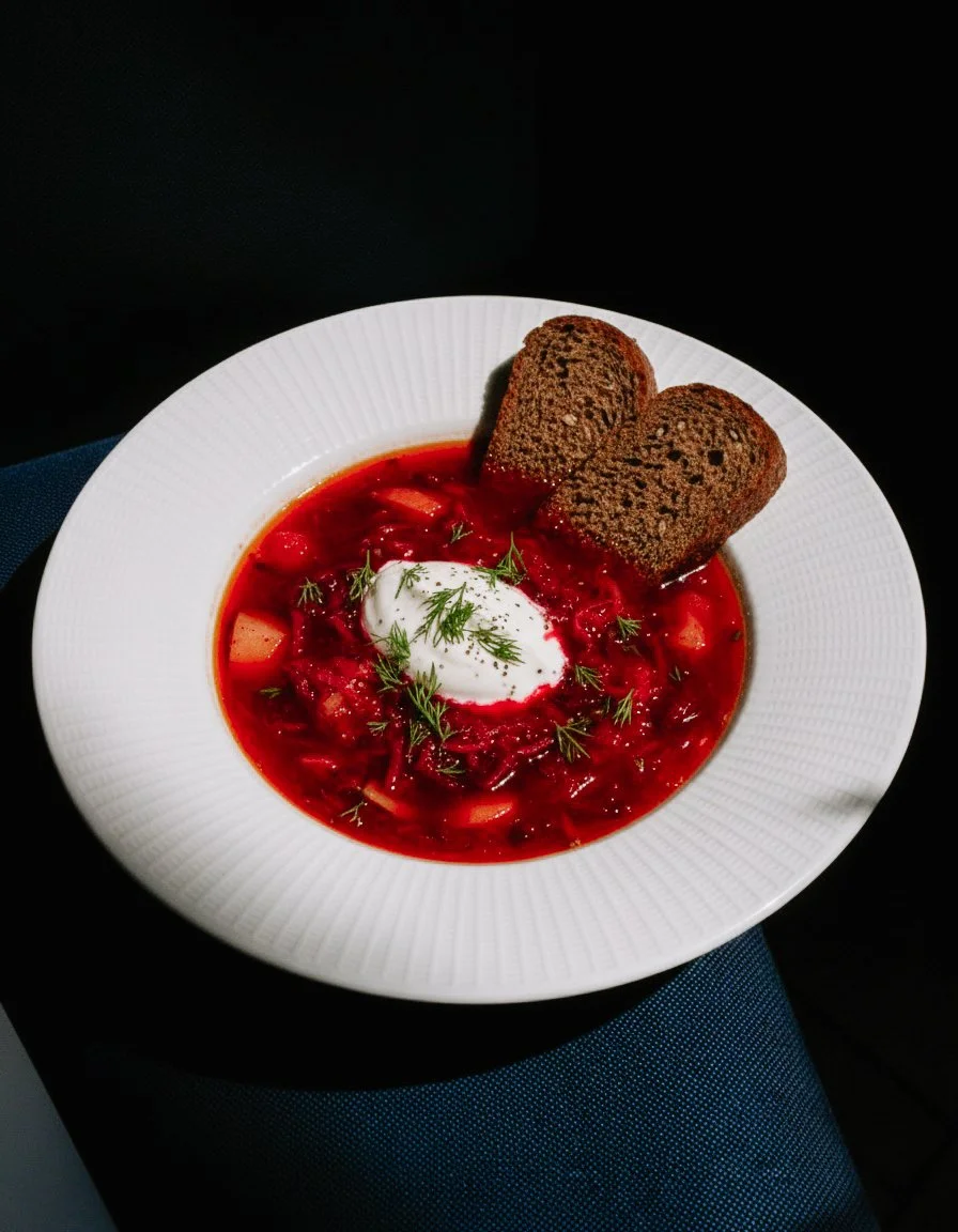 Bowl of beet soup garnished with fresh herbs, topped with a dollop of sour cream, served with slices of dark rye bread on a white plate.