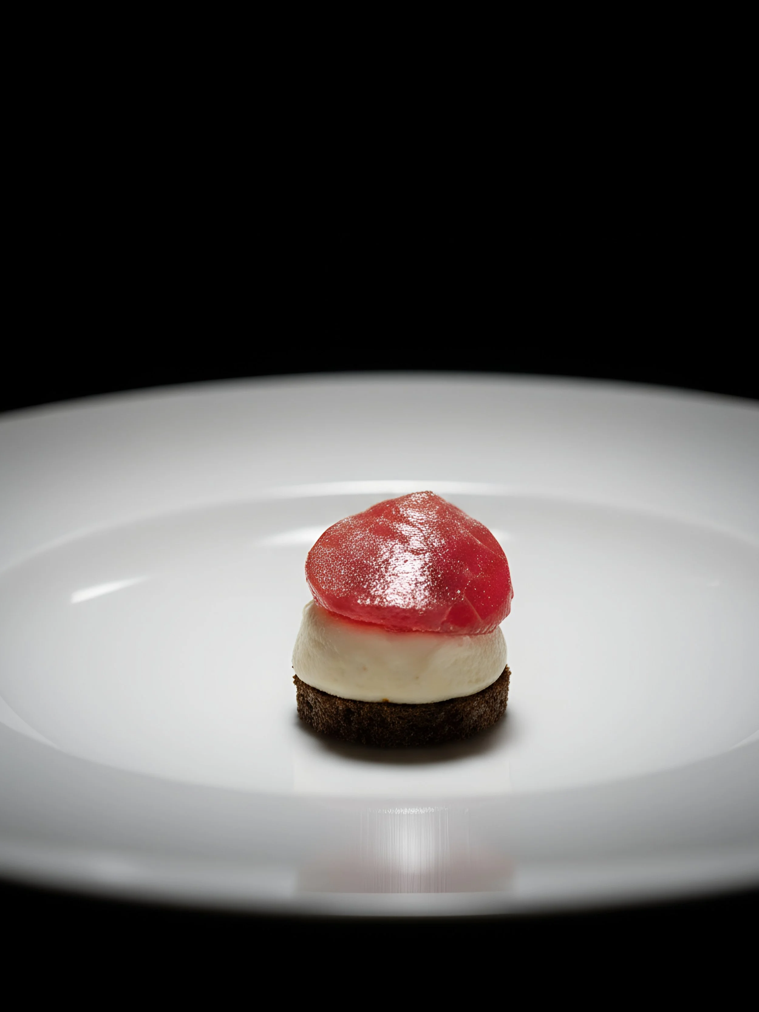 A dessert on a white plate with a base layer of chocolate cake, topped with a layer of white cream, a red jelly-like topping, and a dusting of white powdered sugar.