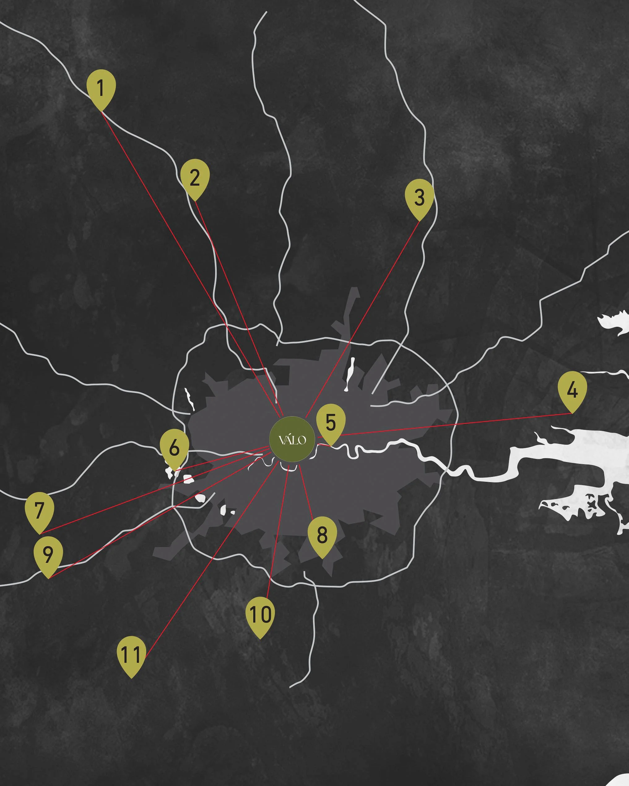 A map showcasing various points of interest in a city, with numbered markers connected by red lines. The city's name, VÁLO, is centered on the map.