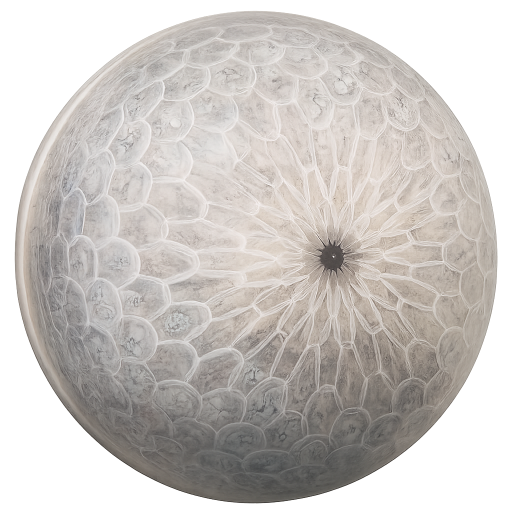 Close-up view of a white, spherical object with a textured, honeycomb-like pattern and a small black center.