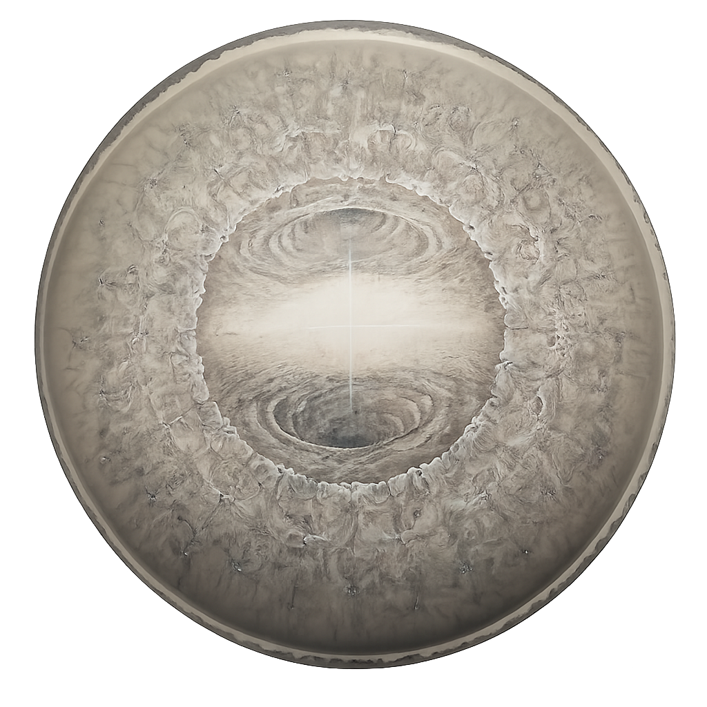 A spherical object resembling a planet or celestial body with crater-like formations on its surface and swirling patterns resembling storm clouds or vortexes.