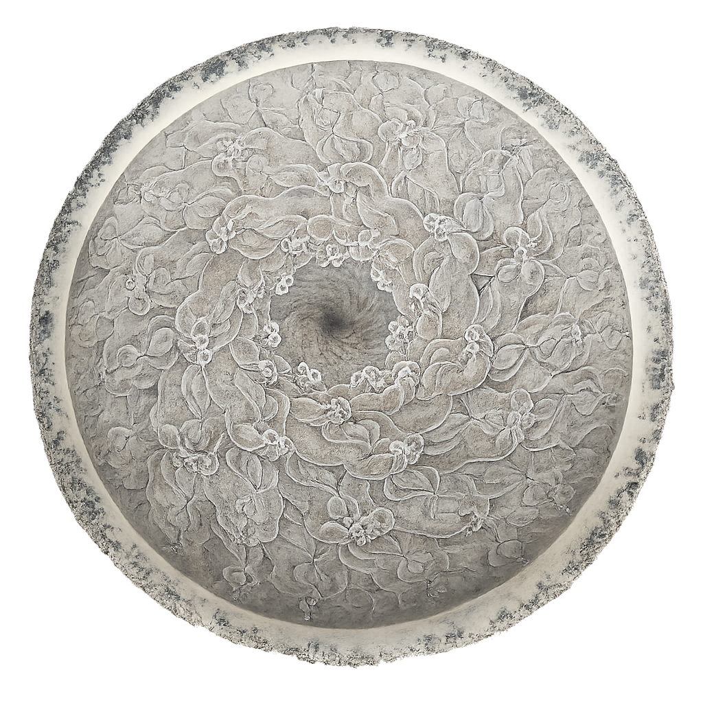 Decorative ceiling medallion with intricate floral and leaf patterns, circular design, in shades of gray and white.