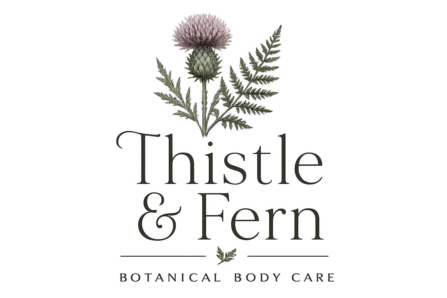 A logo for Thistle & Fern Botanical Body Care featuring a thistle and fern illustration with the brand name and product description.