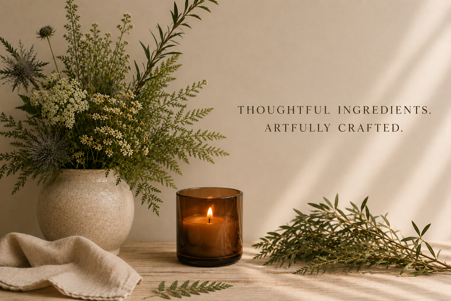 A white textured vase with greenery and white flowers, a lit brown candle in a glass holder, and a branch of greenery on a wooden surface with the text 'Thoughtful ingredients. Artfully crafted.'