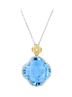 A necklace with a silver chain, a gold flower-shaped pendant, and a large blue gemstone pendant.
