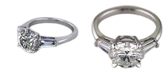 Two engagement rings with large central diamonds, one set with a rectangular stone and the other with a round stone, both on silver bands.