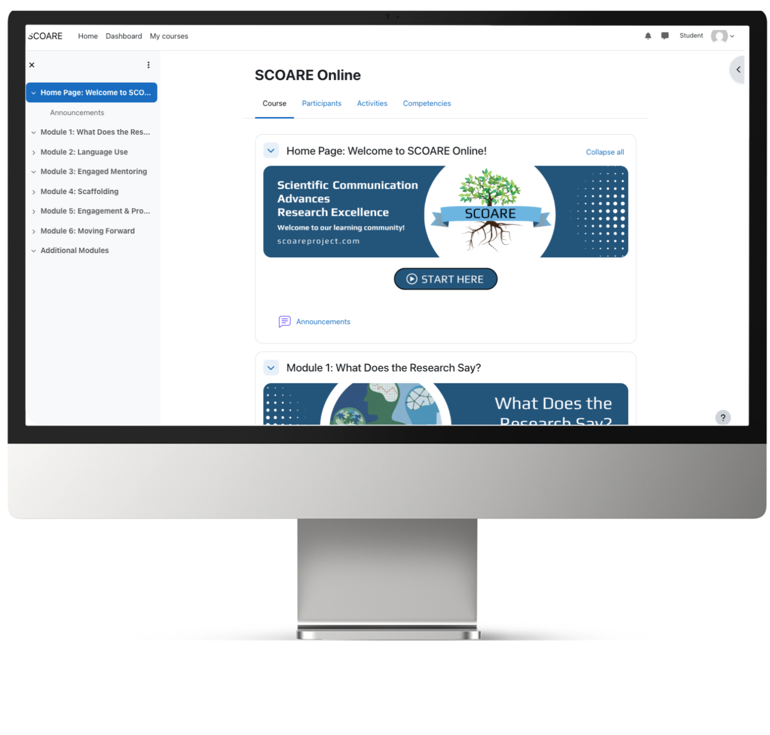 Computer monitor displaying an online learning platform called SCOARE with various modules and a welcoming banner featuring the SCOARE logo and research-themed graphics.