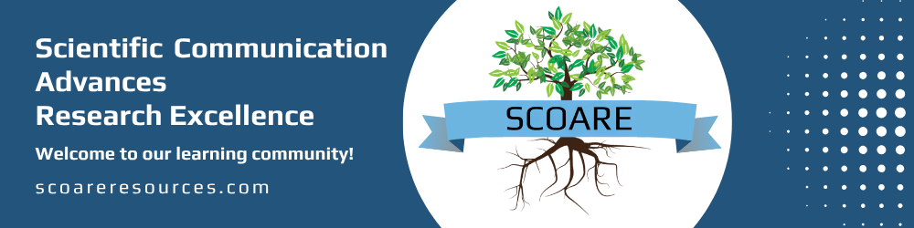 Banner promoting scientific communication and research excellence with a tree and SCOARE logo.