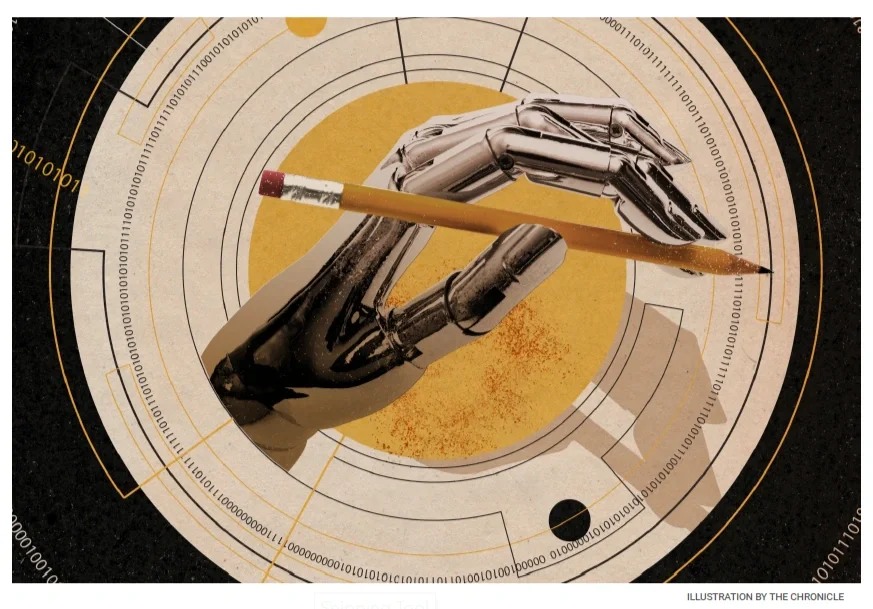 Illustration of a robot hand holding a pencil against concentric circles