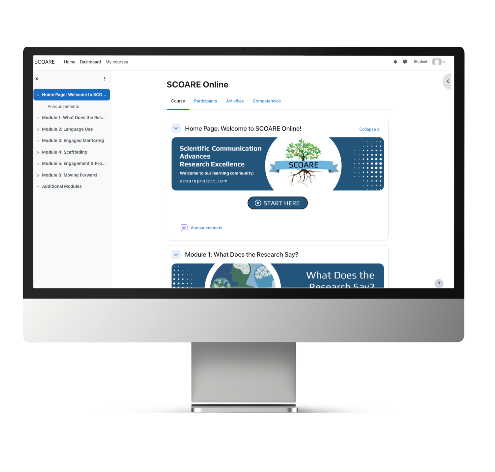 A computer monitor displaying an online educational platform called SCOARE, with a course homepage featuring the SCOARE logo and menu options on the left for different modules.
