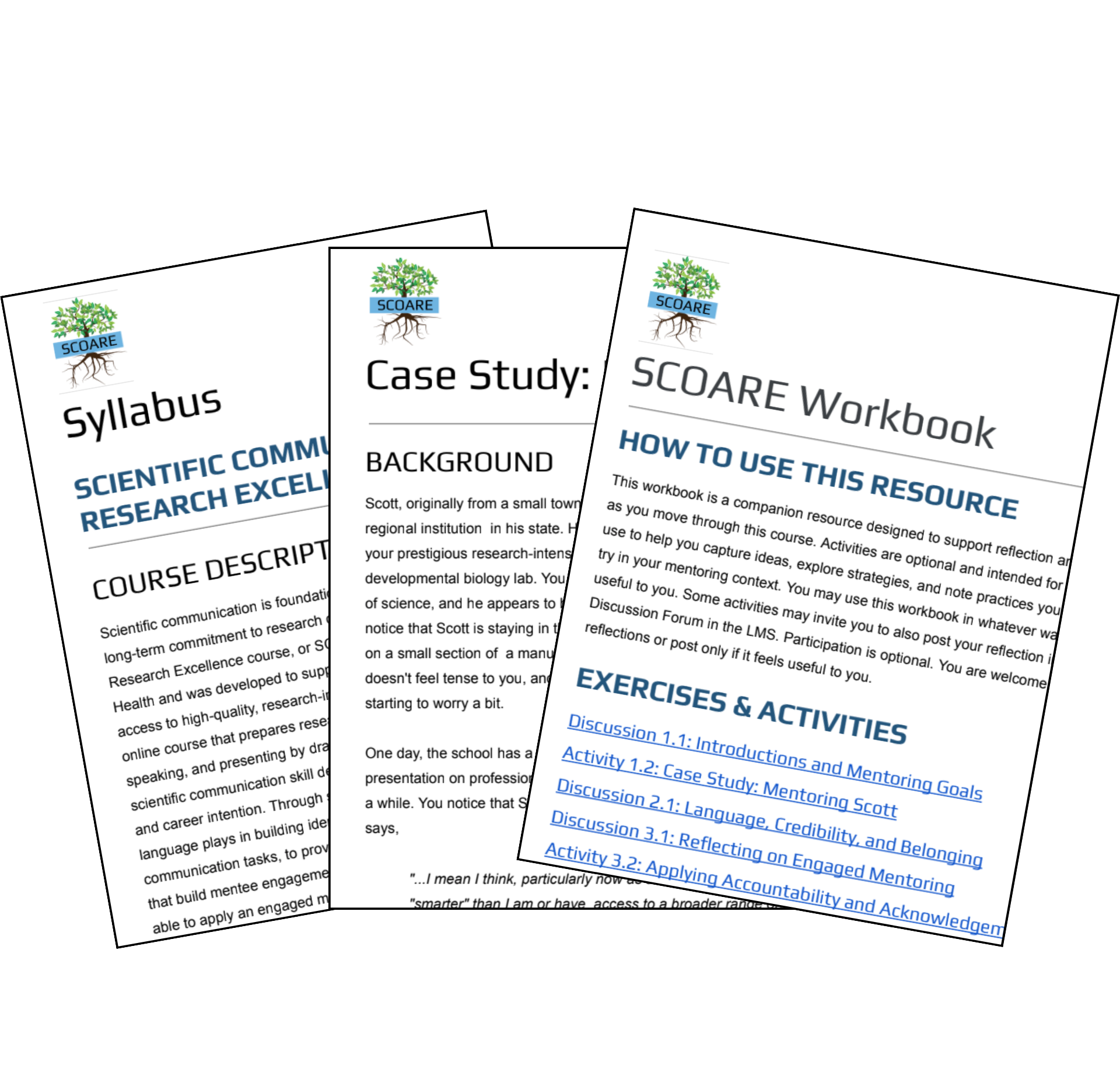 Multiple documents related to SCOARE research, including syllabus, case study, and workbook pages, featuring SCOARE logo.