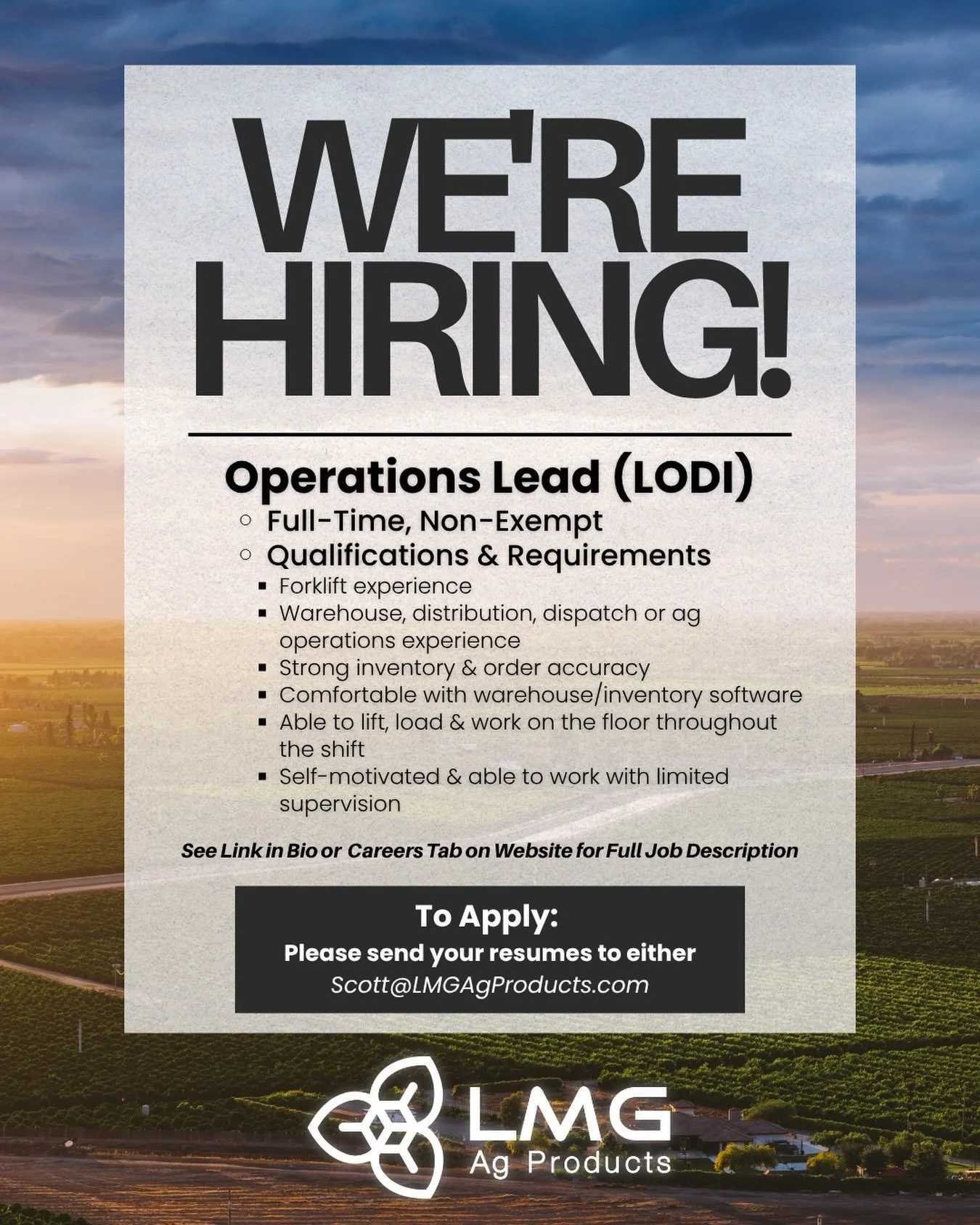 We&rsquo;re hiring! 🌱

LMG Ag Products is looking for an Operations Lead to join our team in Lodi, CA. We&rsquo;re looking for someone who is dependable, self-motivated, detail-oriented, and ready to take an active role in keeping our day-to-day ope