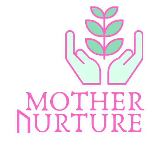 Illustration of two hands surrounding a small plant with leaves, with the words "Mother Nurture" below.