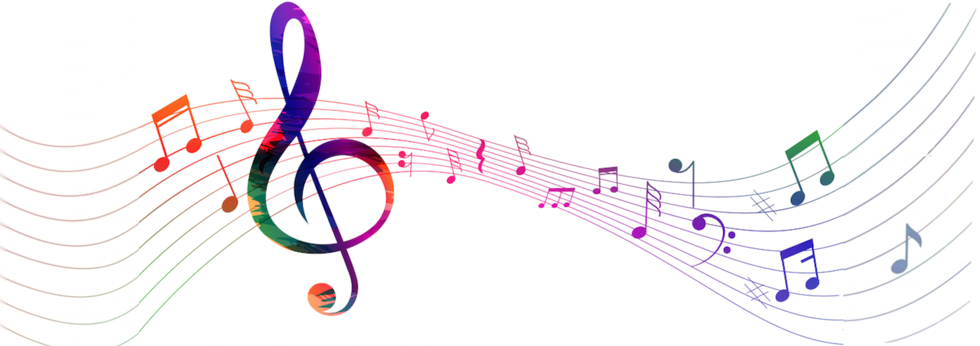 A colorful illustration of a large treble clef with pastel musical notes and staffs flowing across the image.