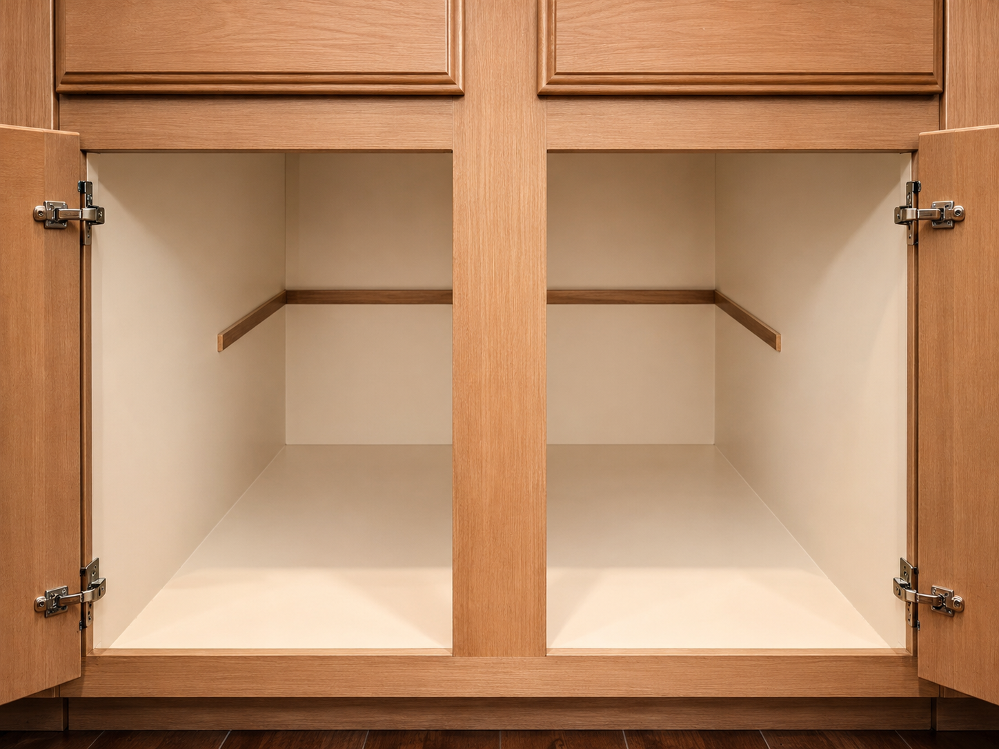 Empty kitchen cabinet with open doors, showing inside storage space with a shelf and wood finish.